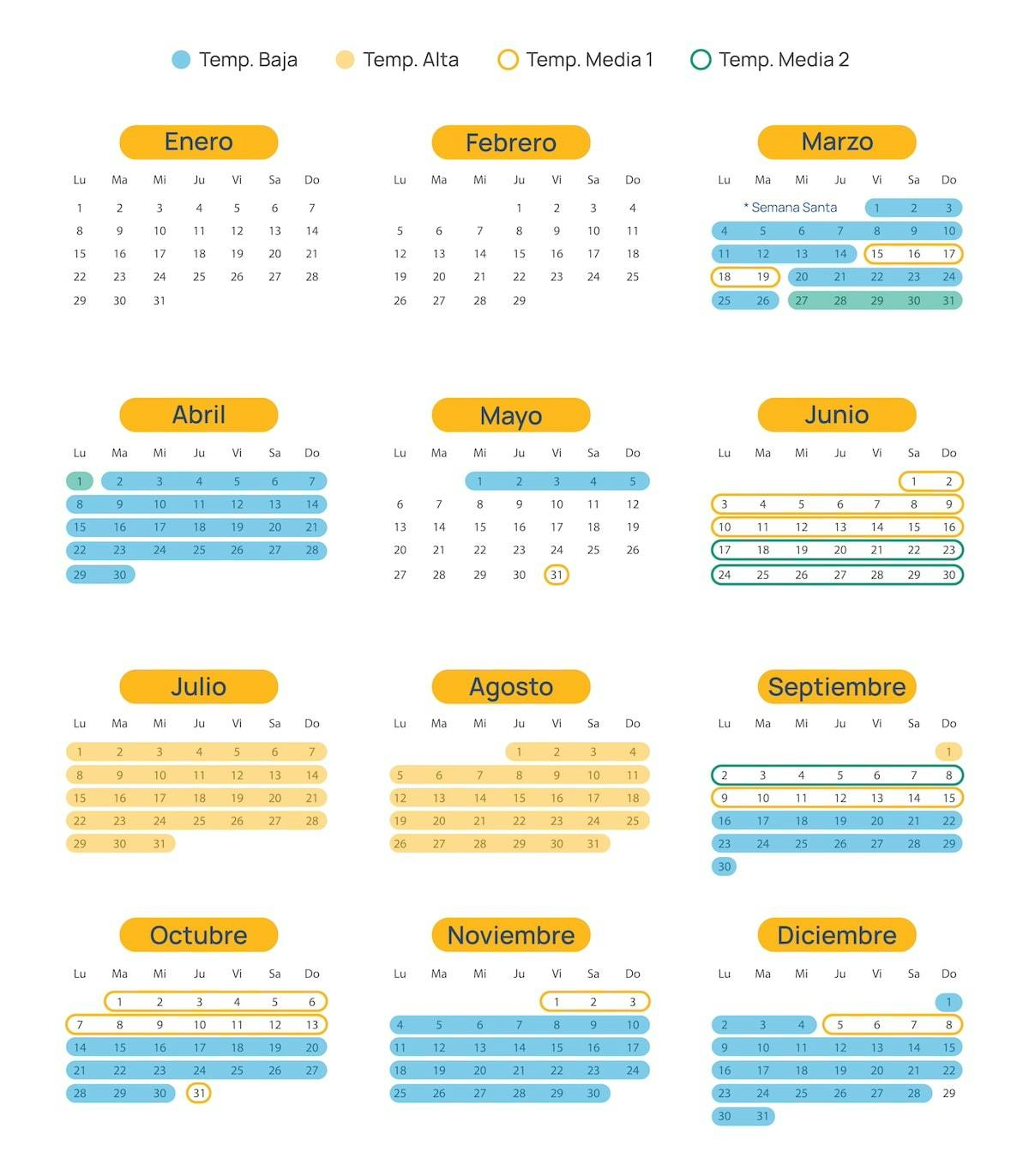 Calendario del año 2024 donde se marcan las temporadas del cámping