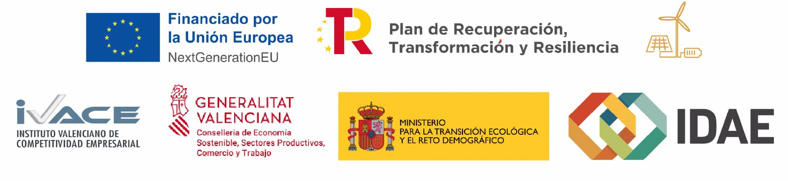 Logos de financiación: Unión Europea NextGenerationEU, Plan de Recuperación, IVACE, Generalitat Valenciana, Ministerio para la Transición Ecológica y el Reto Demográfico, IDAE